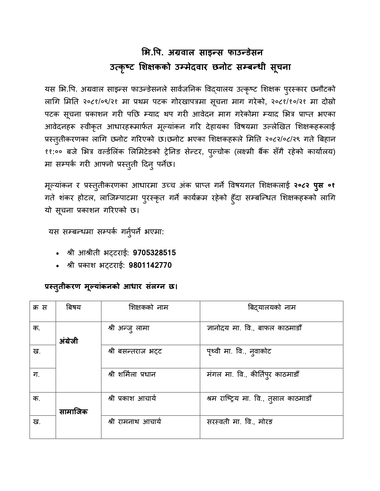भि.भि. अग्रवाल साइन्स फाउन्डेसन उत्कृष्ट भिक्षकको उम्मेदवार छनोट सम्बन्धी सूचना 1